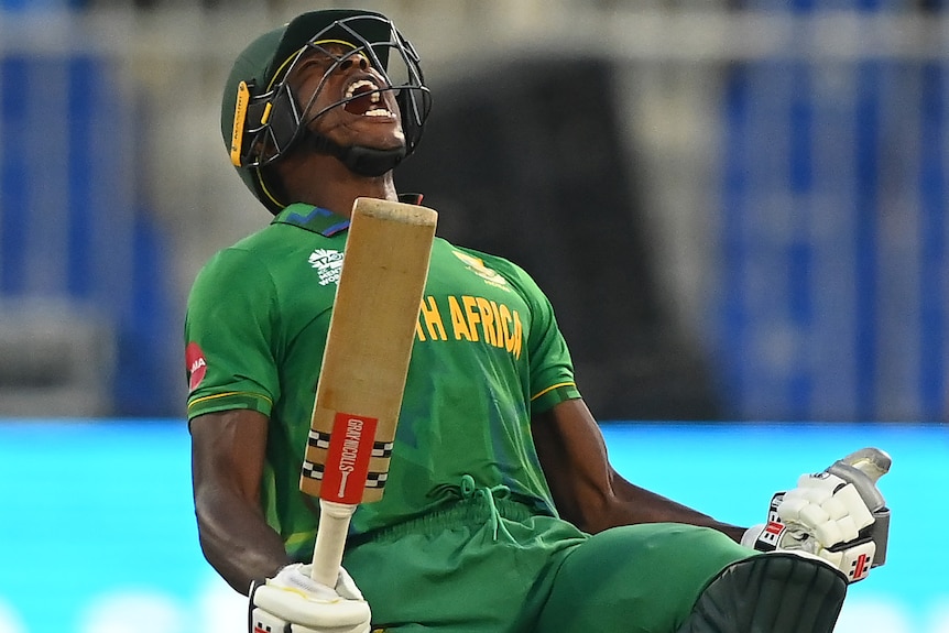 Kagiso Rabada lets out a yell in celebration.