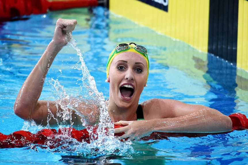 Australia's Taylor McKeown reacts after winning the women's 50m freestyle in Glasgow