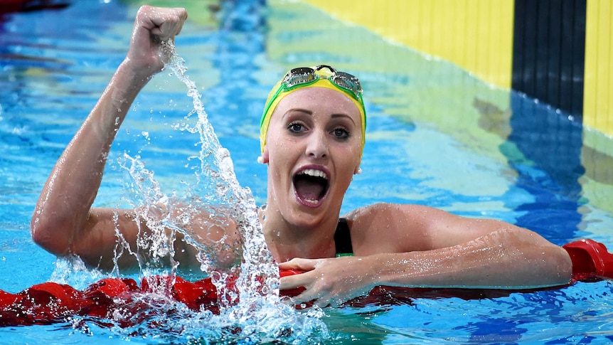 Australia's Taylor McKeown celebrates after winning the women's 200m breaststroke in Glasgow.