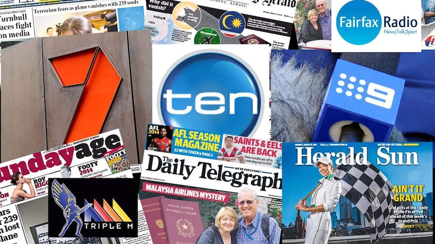 Collage Des Premières Pages De Journaux Australiens Et Des Logos Des Réseaux Seven, Ten Et Nine, Avec Les Logos Des Radios Triple M Et Fairfax
