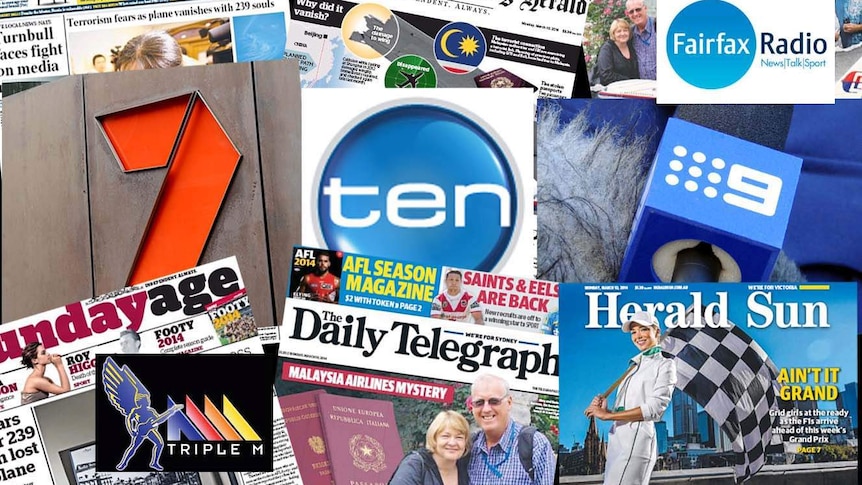 Collage of Australian newspaper front pages and the Seven, Ten and Nine network logos, with Triple M and Fairfax radio logos