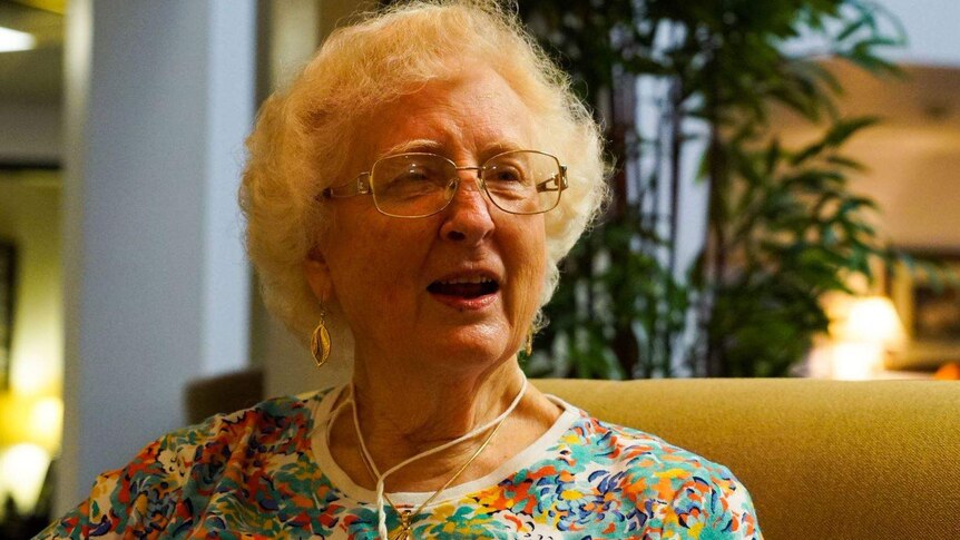 Photo of Virginia Rivenbark discussing the hurricanes she has lived through
