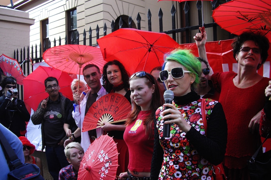 Sex workers outside NSW Parliament House at International Whores Day 2009 (Image: Scarlet Alliance)