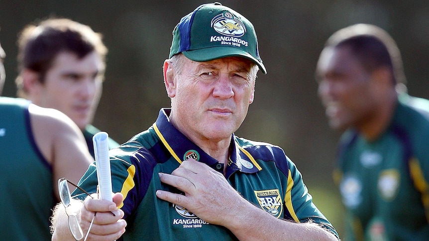 Coach Tim Sheens passes on instructions during a Kangaroos training session.