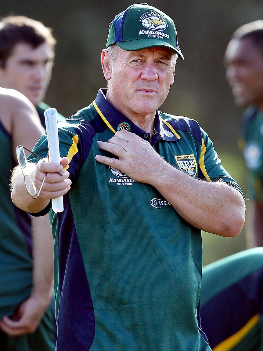 Coach Tim Sheens passes on instructions during a Kangaroos training session.
