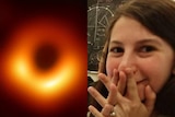 Side-by-side images show a red glowing ring on a black background and a woman looking awestruck at the camera.