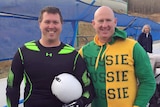 Jason Lettice (wearing an Aussie onesie) with Australian para-bobsleigh team mate Brendan Dover in Calgary, Canada.