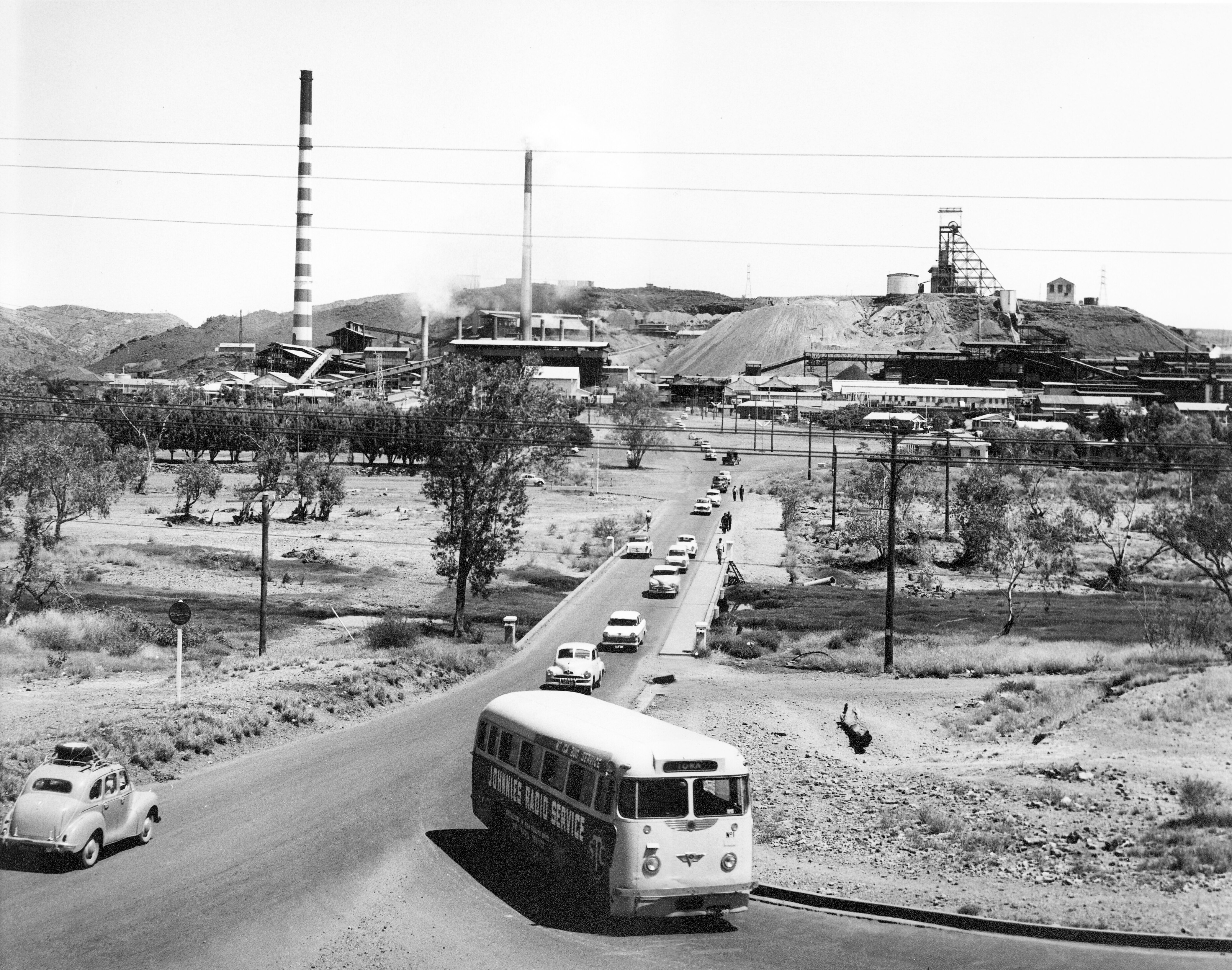 A black and white photo of an outback mining town