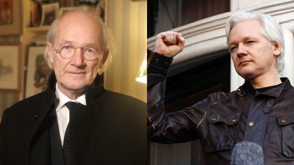 A split image showing an older man in a living room and Julian Assange, standing on a balcony holding up his fist.