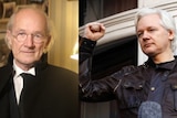 A split image showing an older man in a living room and Julian Assange, standing on a balcony holding up his fist.