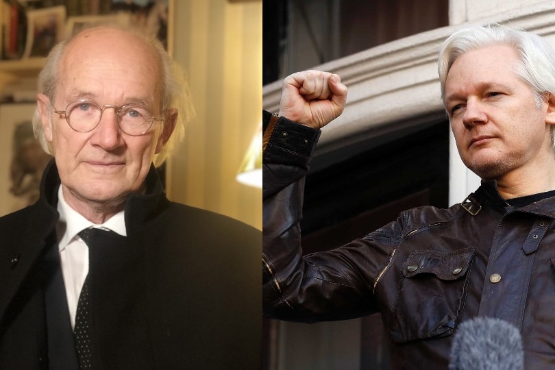 A split image showing an older man in a living room and Julian Assange, standing on a balcony holding up his fist.