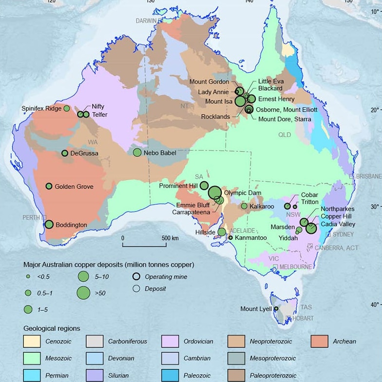A map of Australia showing copper mine sites.