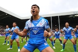 A Samoan rugby league player performs the Manu Siva Tau