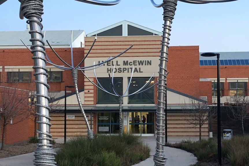 A hospital with barbed wire looking sculptures in front