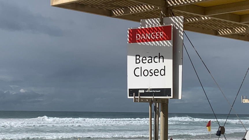 A white and red sign saying 'danger beach closed' under a life guard tower with wild surf and flags in the background