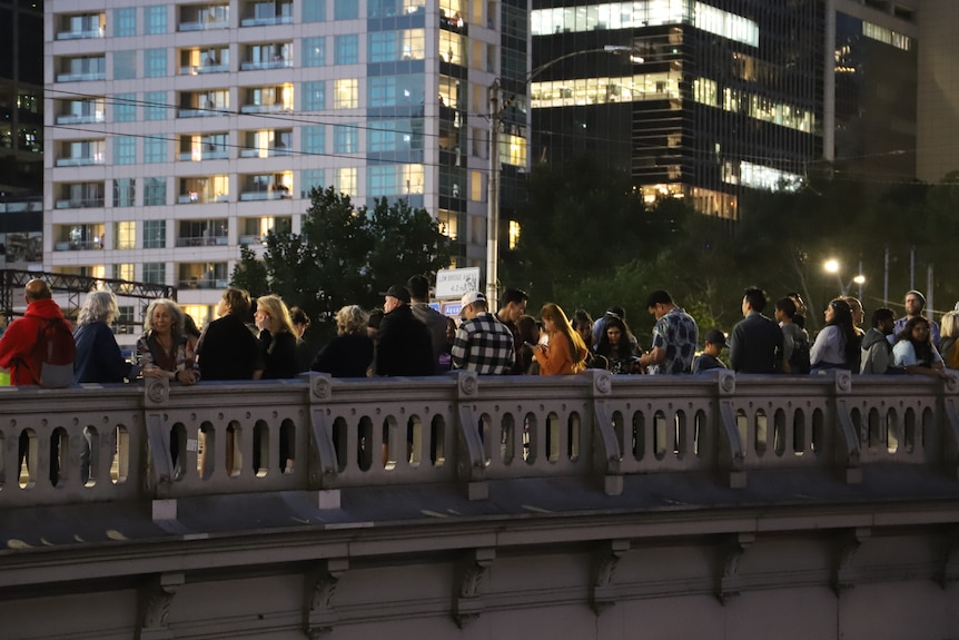A crowd of people on a bridge at dusk