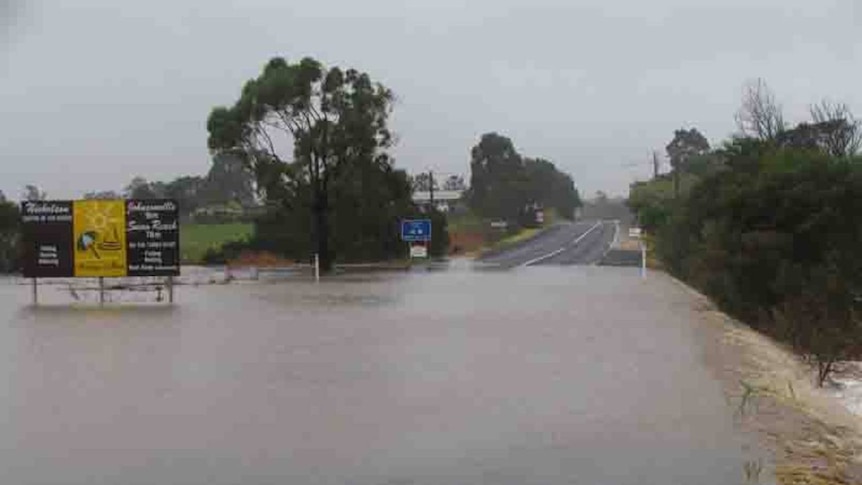 Inundated: The Princes Highway flooded at Nicholson