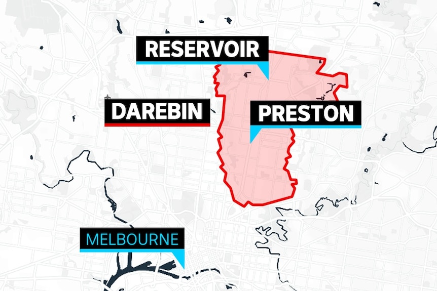 A graphic of the municipality of Darebin showing Reservoir and Preston and the distance of the area from Melbourne CBD.