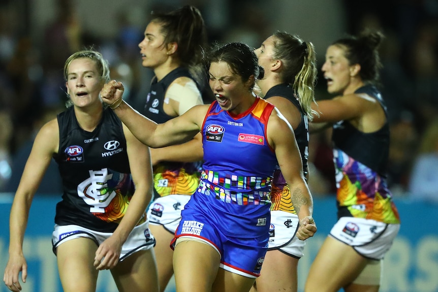 Western Bulldogs AFLW player Ellie Blackburn celebrates after scoring a goal