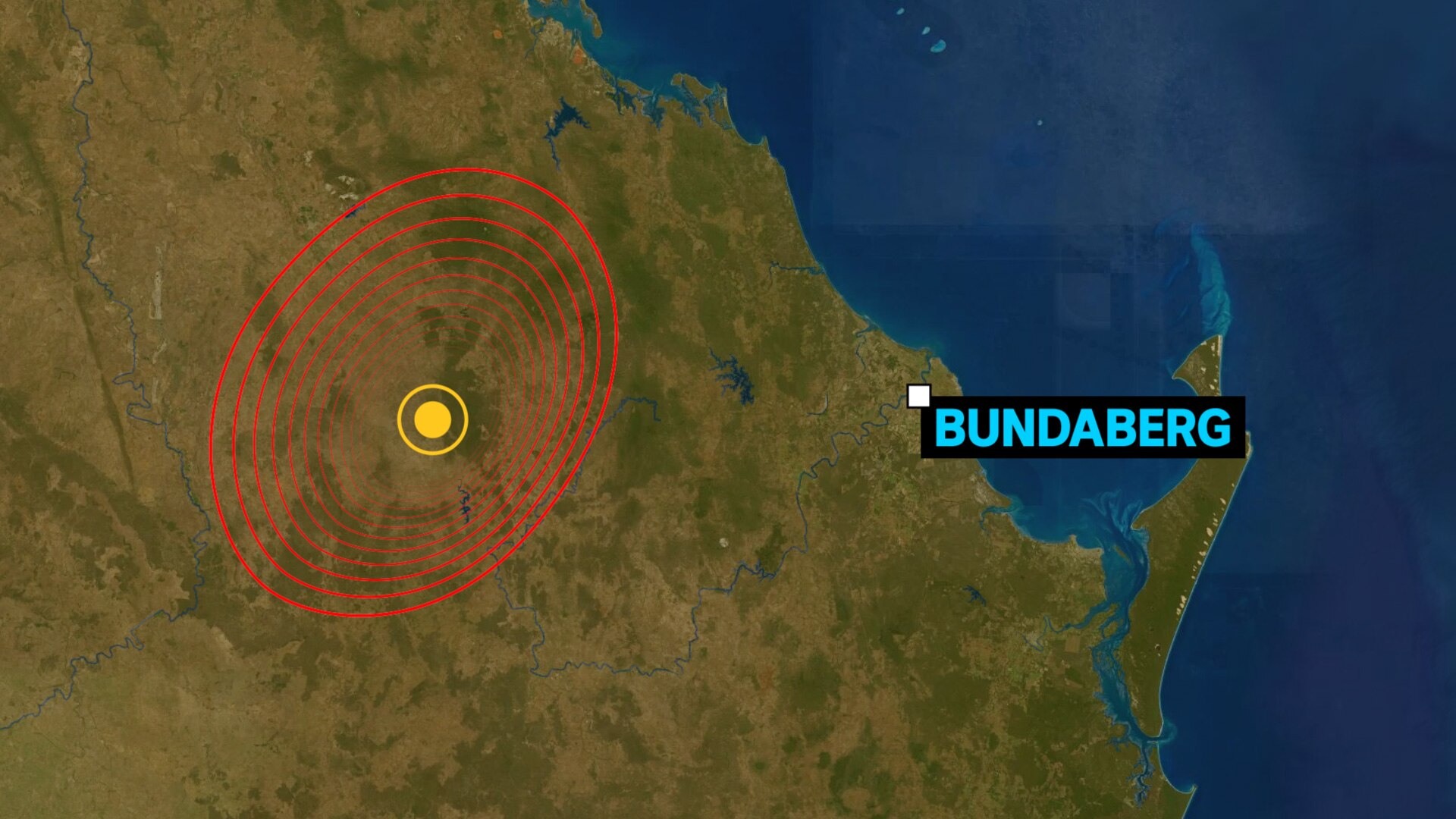 A graphic of a section of the Queensland coast, centered on Bundaberg, with a yellow dot inland and red rings around the dot.