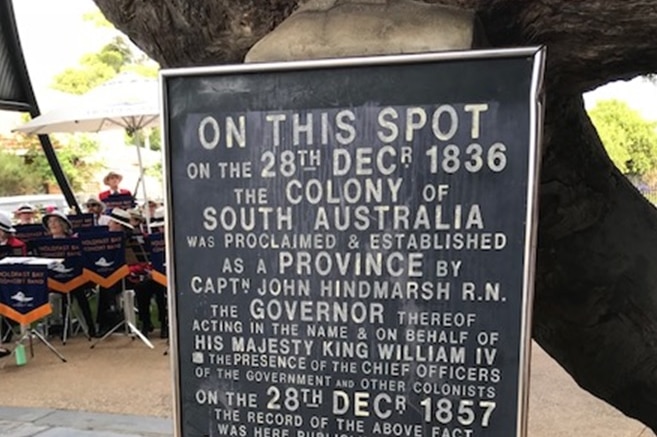 A plaque in front of the old gum tree in Adelaide.