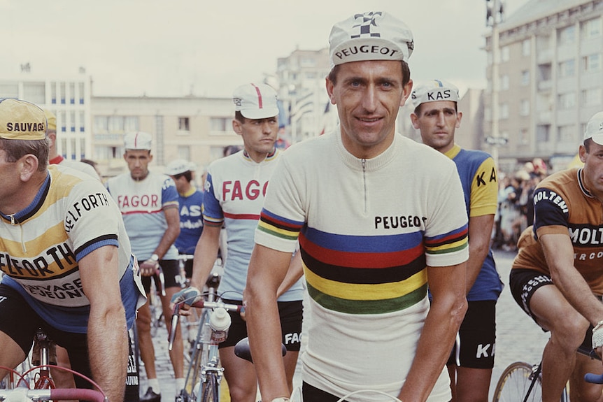 British cyclist Tommy Simpson wears a rainbow jersey before the first stage of the Tour de France in 1966.
