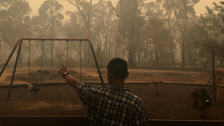 Gabriel points out bushfire damage in a playground near his Bowral family property.