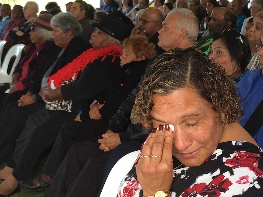 Natalie Rotumah from the native title service provider NTSCorp cries during the Federal Court hearing