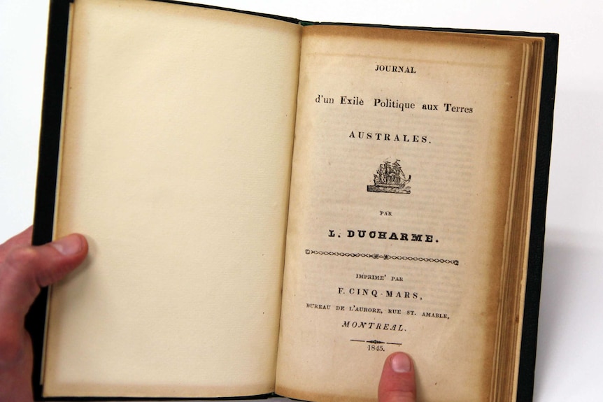 A book published in 1845 stands open at the front page.