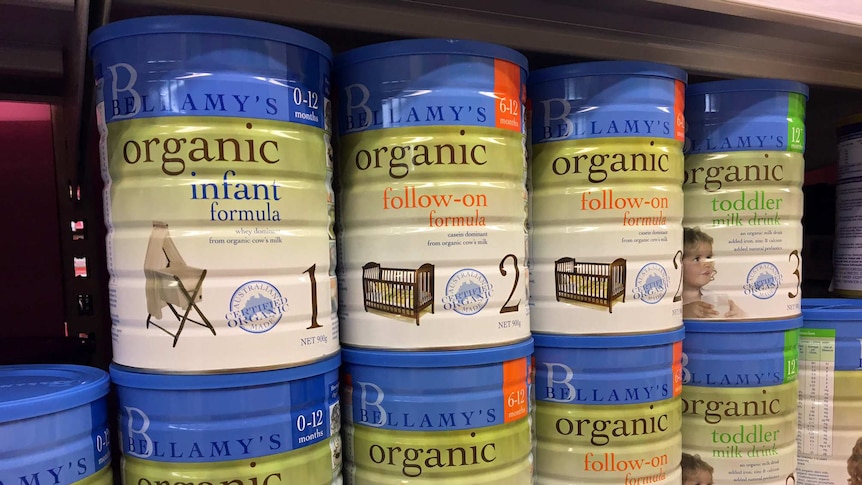 Tins of Bellamy's infant formula sitting on the shelf