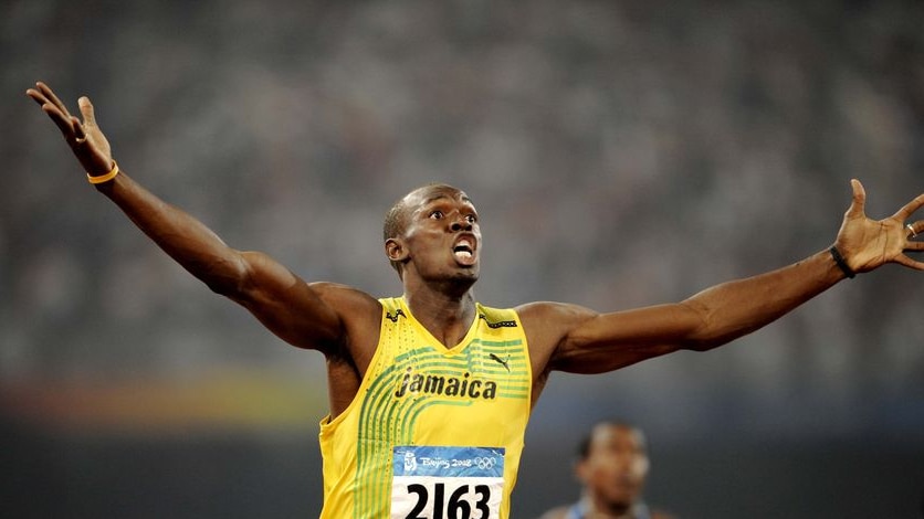 Bolt strikes twice... the Jamaican sprint king crosses first in the 200 metres.