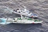 Drone footage showing a Chinese Coast Guard boat coming close to a Phillipine Coast Guard boat.