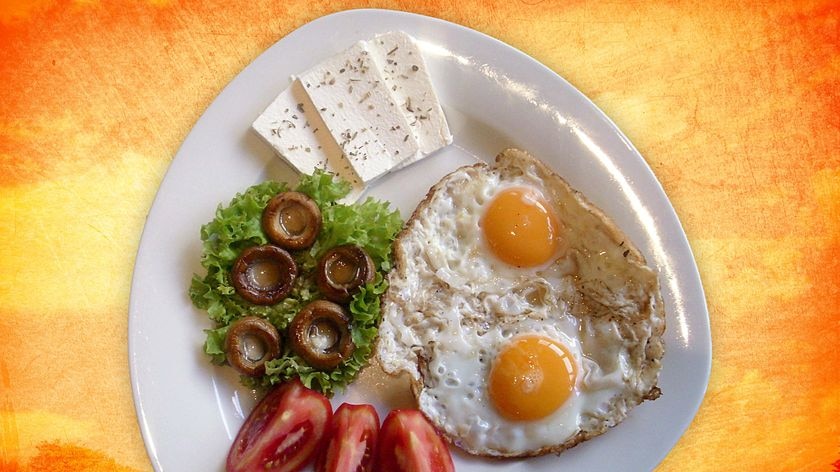 Juicy breakfast with eggs mushrooms tomatoes lettuce and cheese