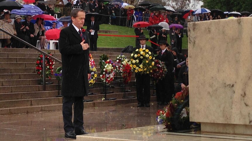 Opposition Leader Bill Shorten lays wreath at the Stone of Remembrance in Canberra.
