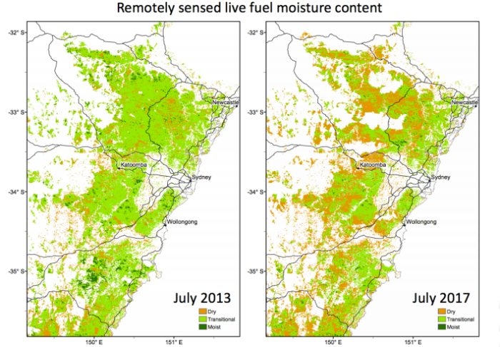 A map shows fuel is dryer in July 2017 than it was in July 2013.