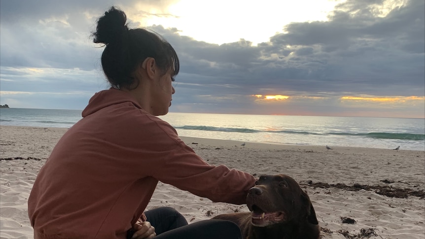 Woman sitting on beach with brown dog looks into distance.