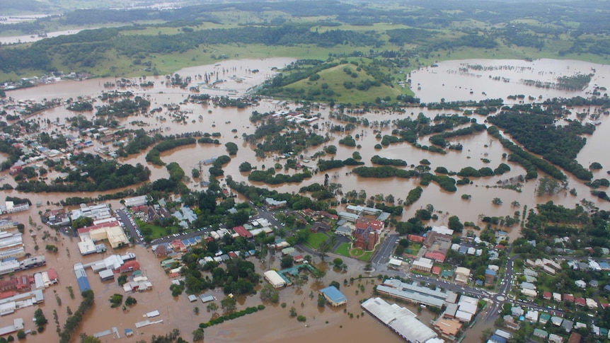 Aerial photo of Lismore in flood