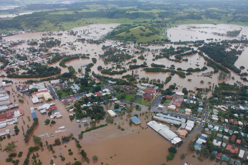 Luftbild von Lismore im Hochwasser im Jahr 2017