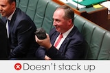Barnaby Joyce sits in Parliament holding a lump of coal. The verdict below him is "doesn't stack up" with a red cross