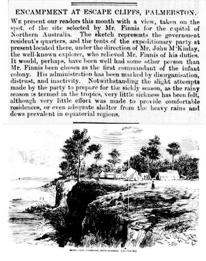 Newspaper excerpt and photo, text headline reads "Encampment at Escape Cliffs, Palmerston"