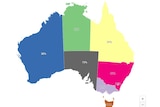 A map of Australia with the different states and territories, showing the rate of organ donation.