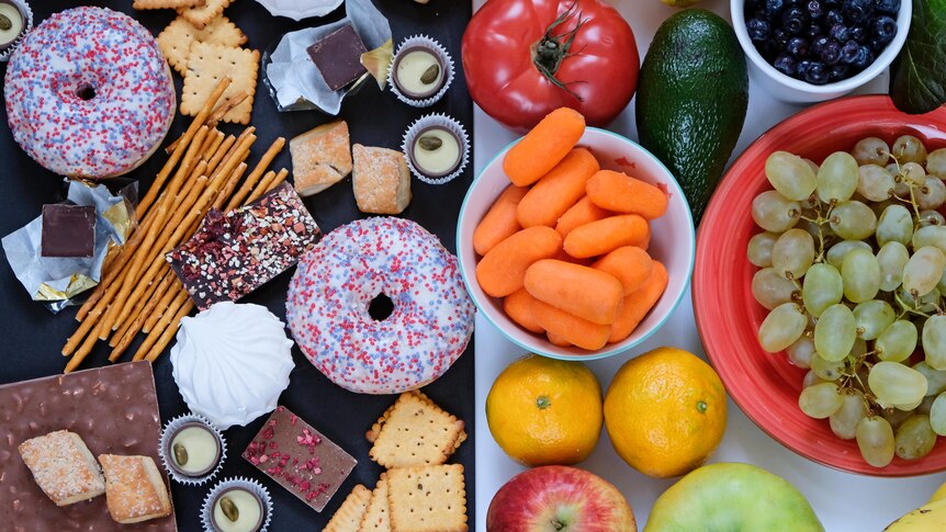 A composite image showing junk food alongside healthy food