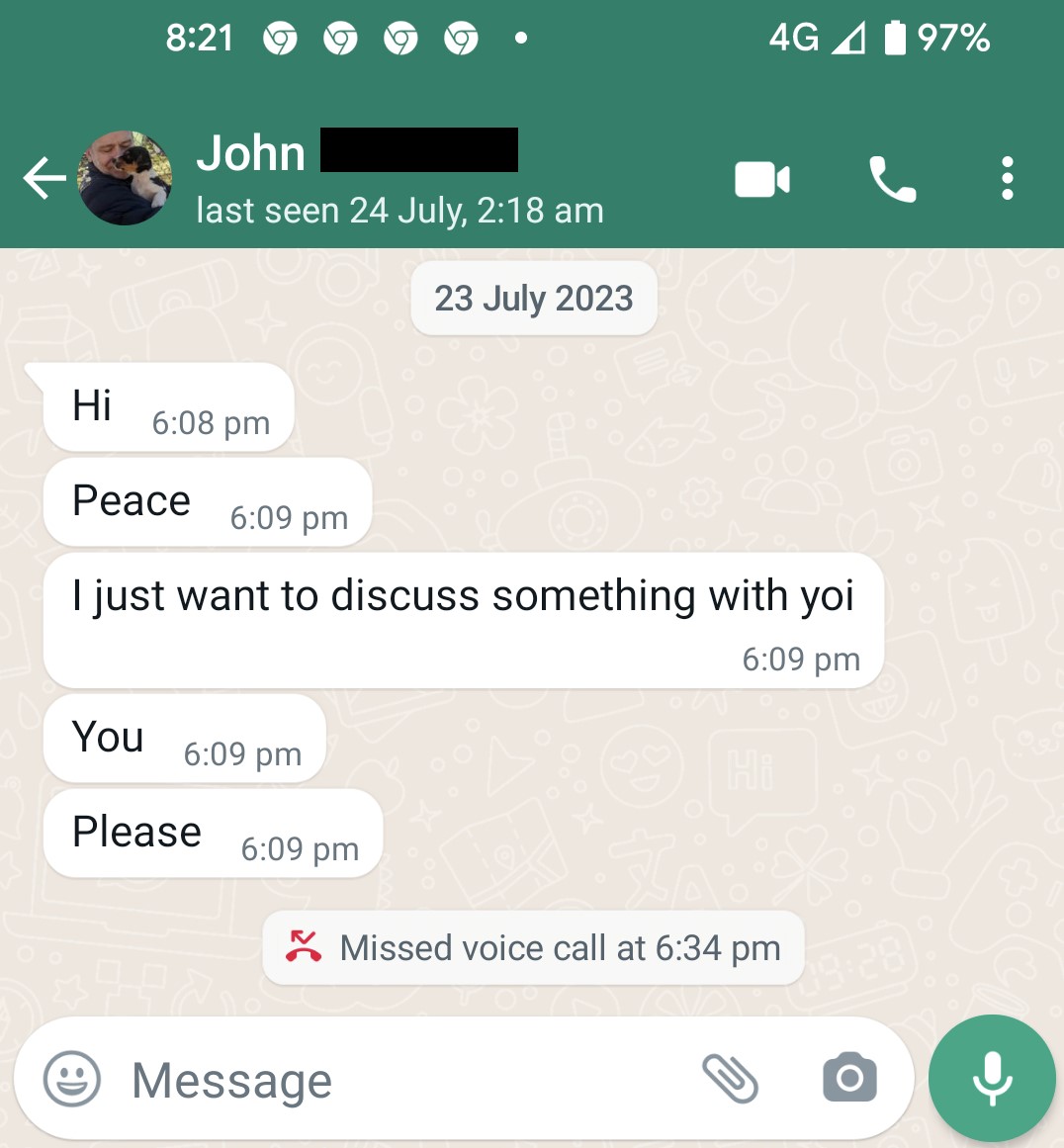 A screenshot of a Whatsapp window containing the message "I want to discuss something with you"