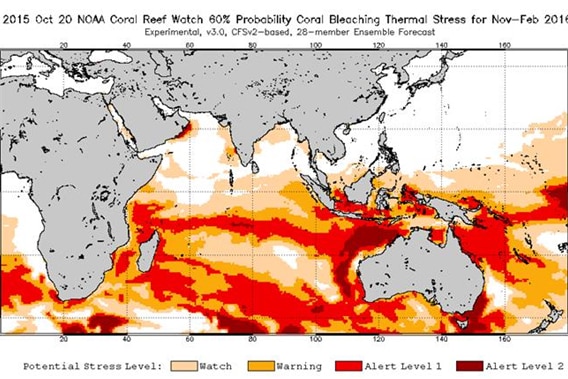 A map showing areas of forecast coral bleaching thermal stress