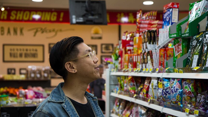 Mikey in an Asian grocery shop in Sunnybank, Brisbane.