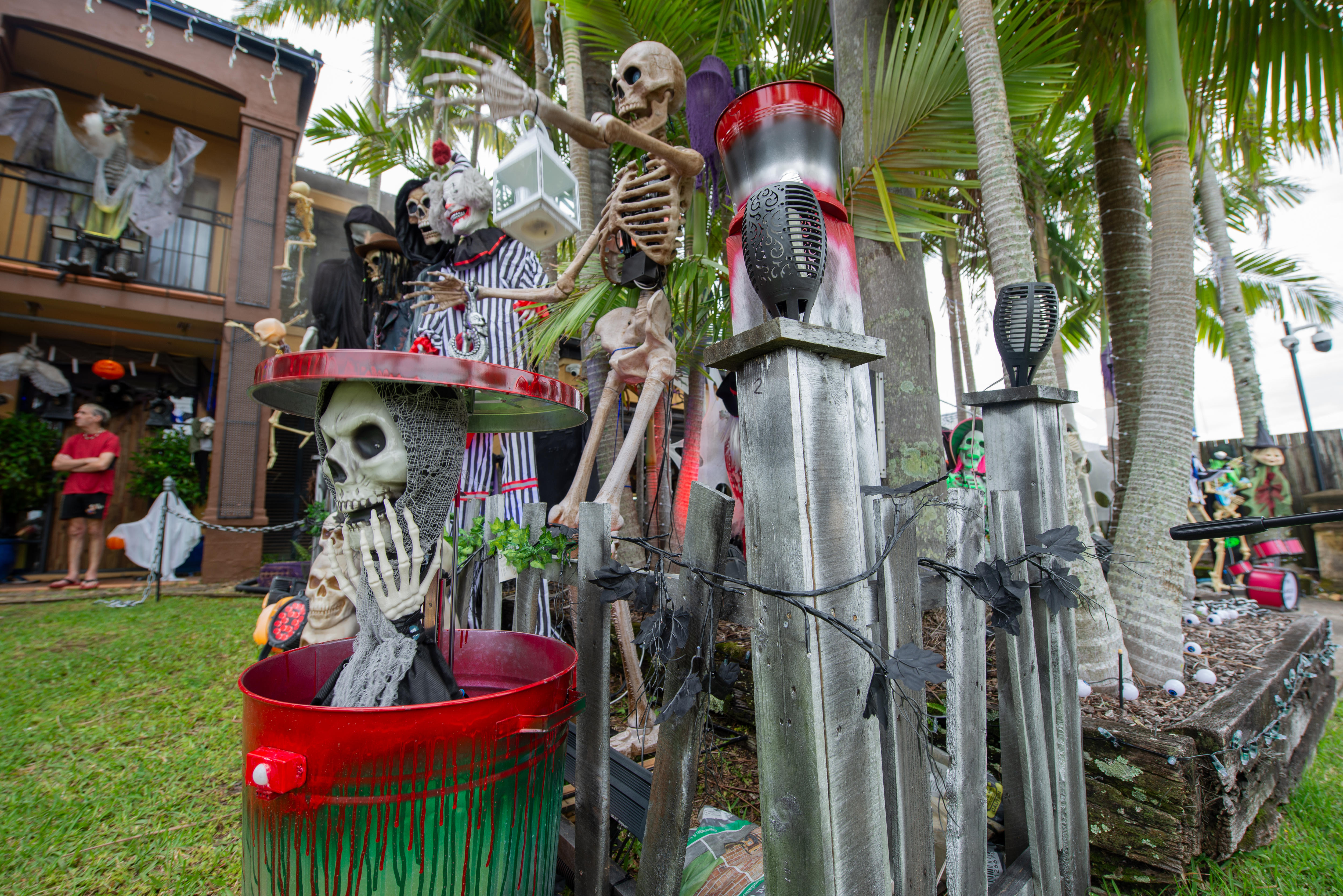 A collection of skeletons and spooky figures make up a huge Halloween display.