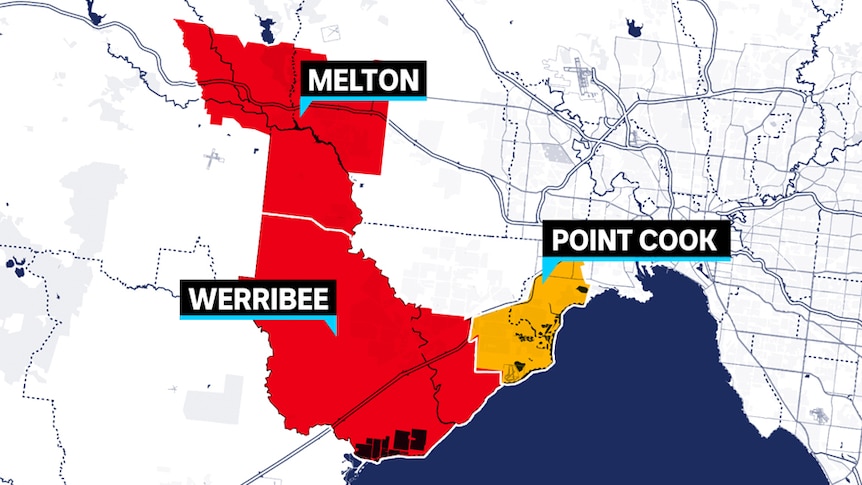 A map shows the new electorate of Point Cook in orange, and the neighbouring Melton and Werribee in red, in Melbourne's west.
