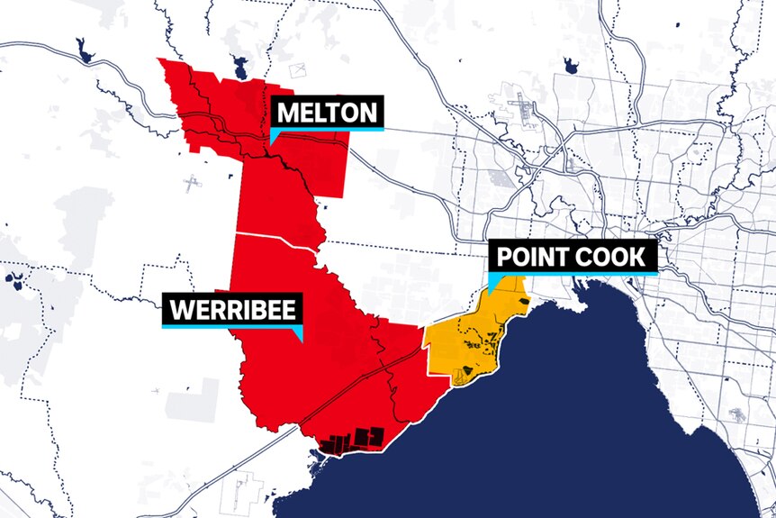 A map shows the new electorate of Point Cook in orange, and the neighbouring Melton and Werribee in red, in Melbourne's west.