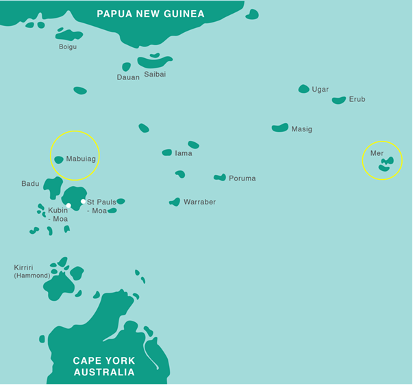 a map of the Torres Strait, featuring Mer and Mabuyag (aka Mabuiag)
