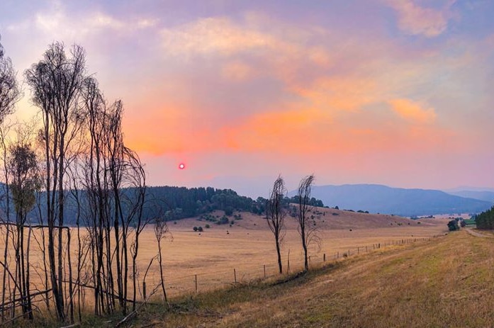 A small, bright-red sun hovers over the horizon overlooking the Buckland Valley.